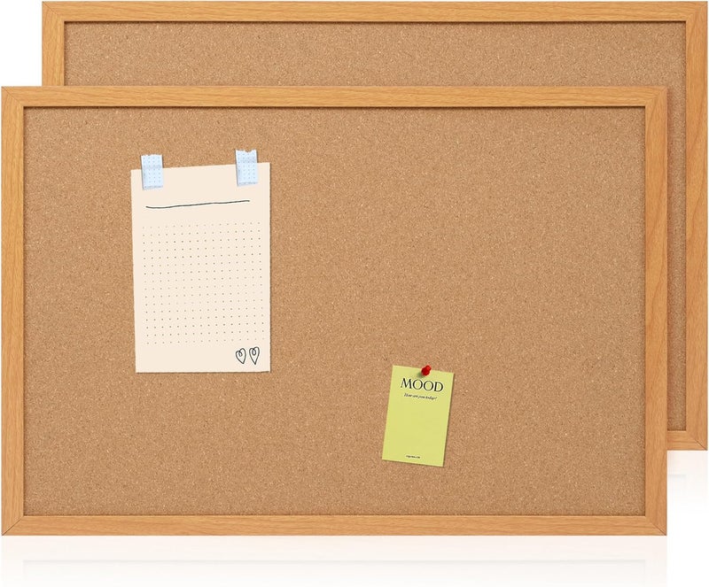 Board2by لوحة إعلانات من الفلين 2 عبوة 20" × 30"، لوحات فلين بإطار خشبي لتزيين الجدران، لوحة رسائل مكتبية معلقة، لوحة إعلانات مثبتة على الحائط مع 30 دبابيس دفع للمدرسة، المنزل والمكتب - Image 1